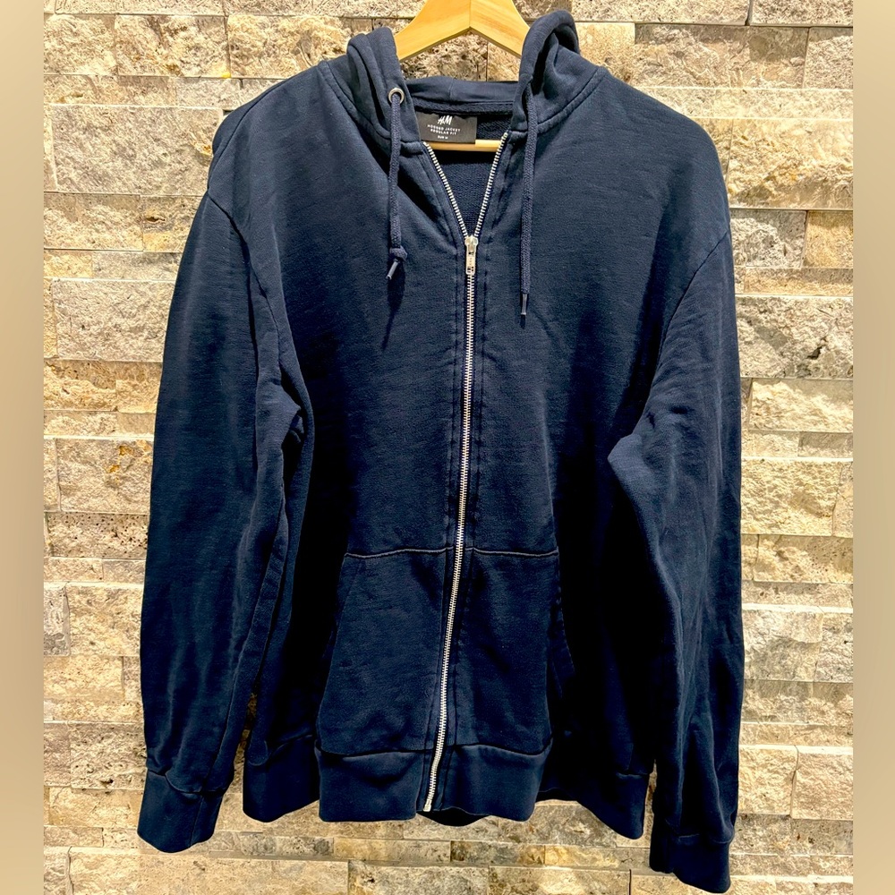H&M Men's Dark Blue Zip-Up Sweater size‎ M